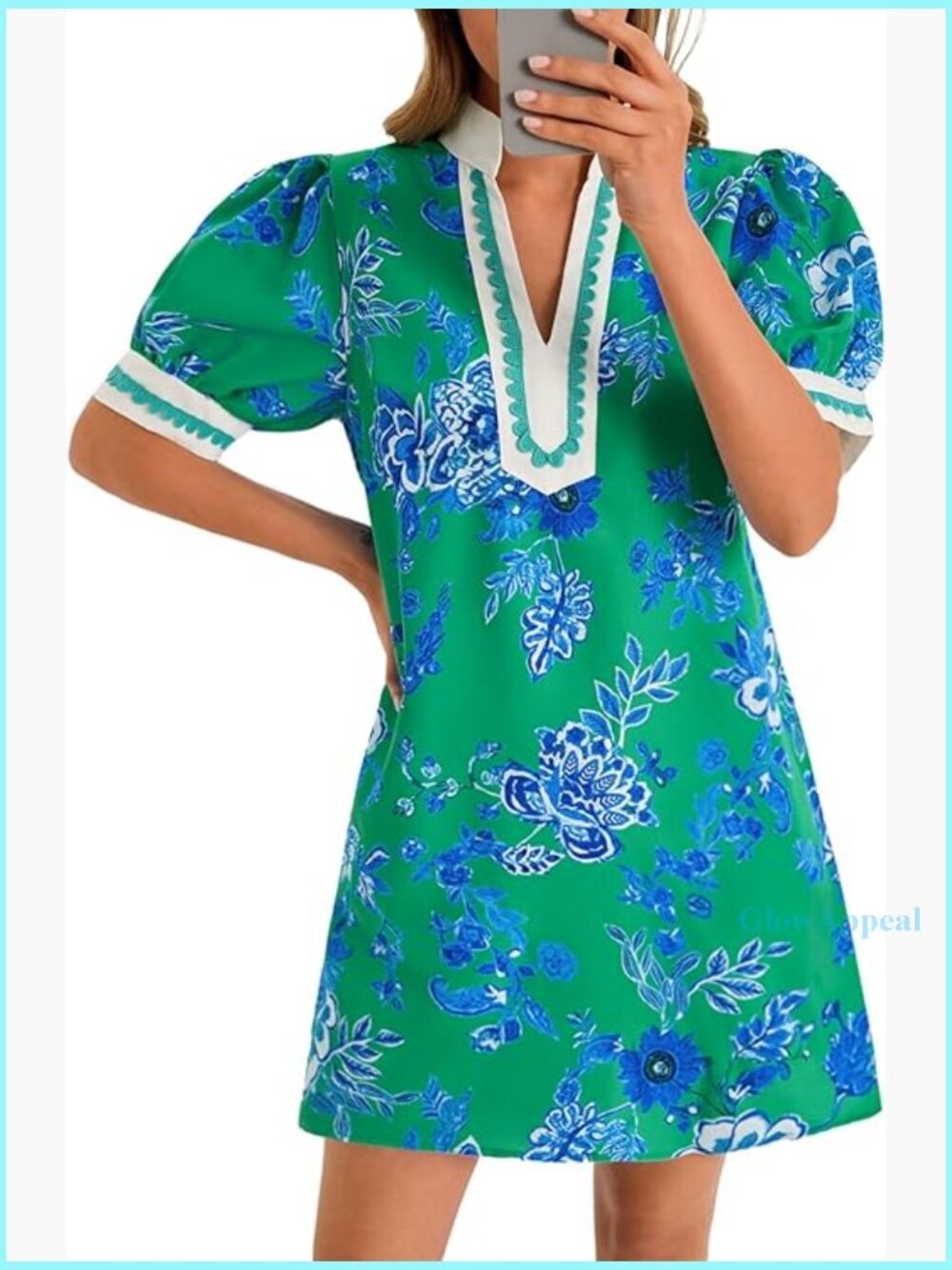 Summer Mini Dress Puff Sleeve V Neck Boho Casual with Pockets